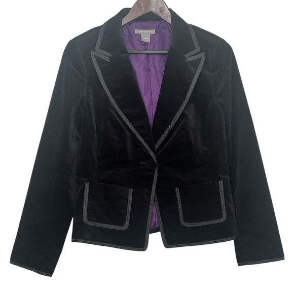 Ann Taylor Black Velvet A-Line Blazer Gothic Dark Academia Purple Lined Size 6 - Picture 1 of 6